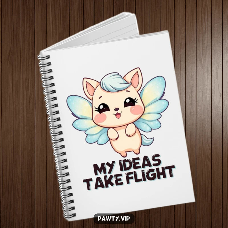 Funny Notebook with a happy animal and dazzling glittery wings, shown fluttering joyfully. Ideal for notes, sketches, and cheerful thoughts.