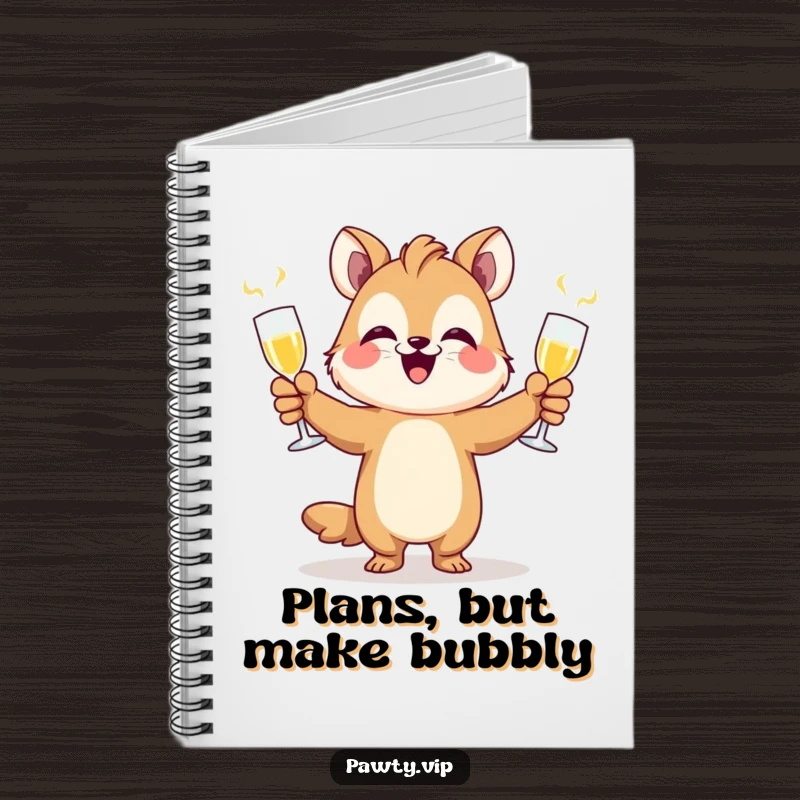 Funny animal character juggling champagne flutes, a festive and funny notebook for jotting down ideas.