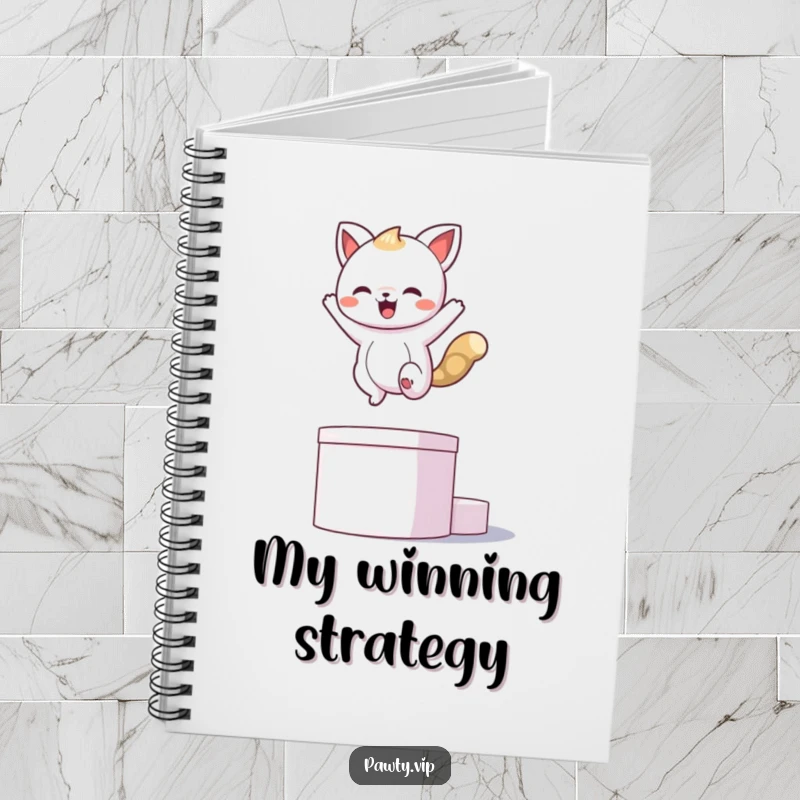 Funny kawaii animal character leaping onto a podium, striking a pose, ready to write in a funny notebook.