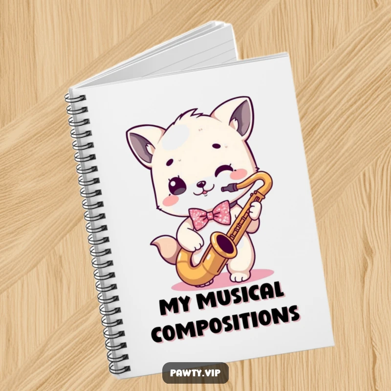Funny kawaii animal character in a sparkly bowtie playing a saxophone, ready to compose in a funny notebook.