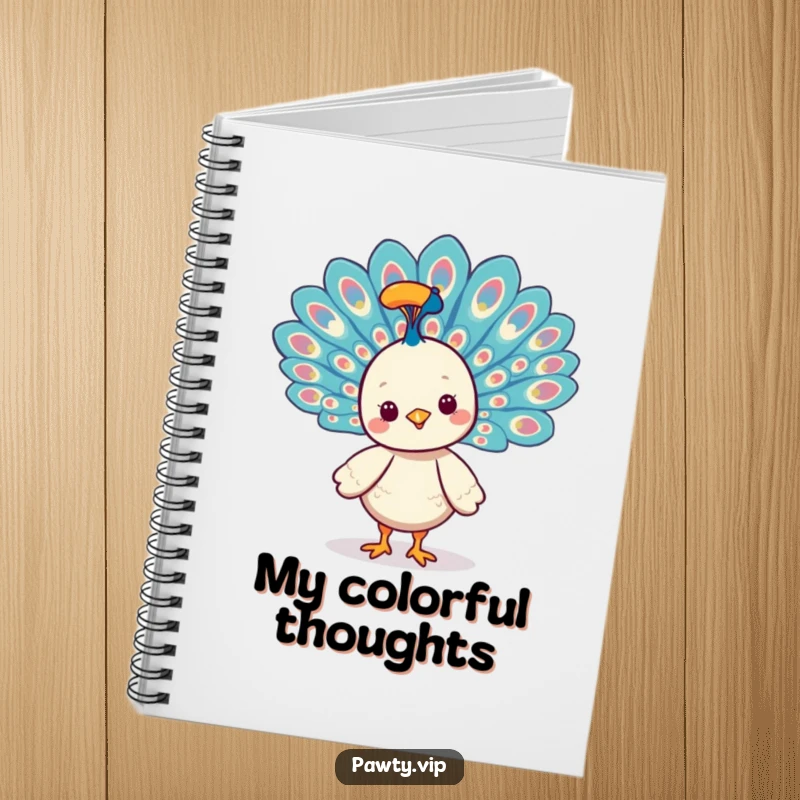Funny Kawaii peacock character fanning its vibrant tail feathers on a notebook, perfect for elegant note-taking.