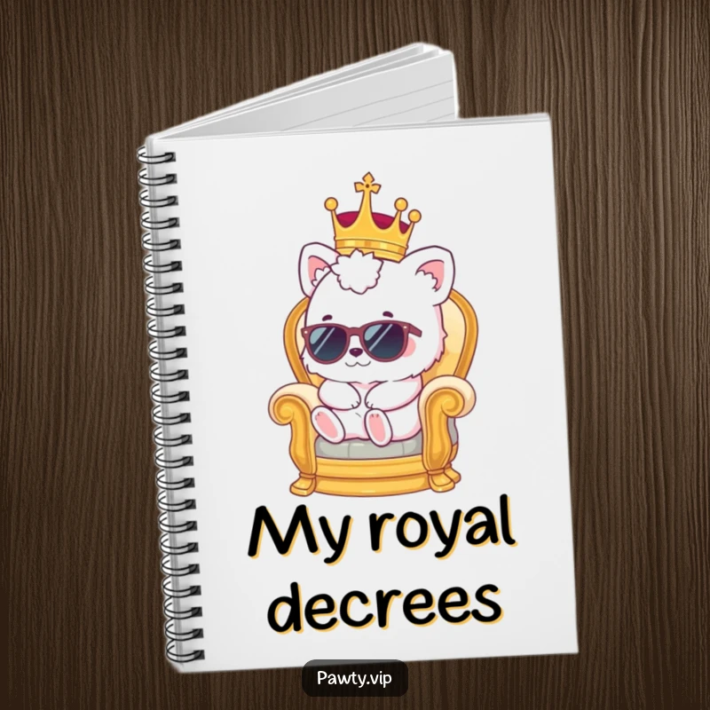 Funny kawaii animal in crown and sunglasses on a miniature throne, a regal and funny notebook for writing.