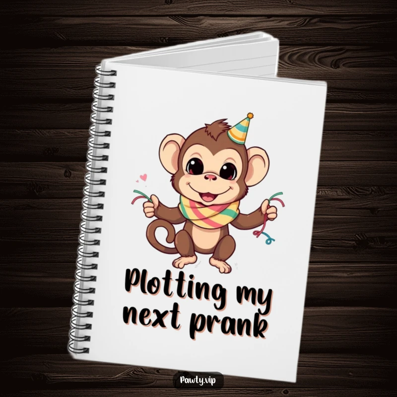 Funny monkey wearing a party streamer scarf, on the cover of a notebook, great for funny gift.