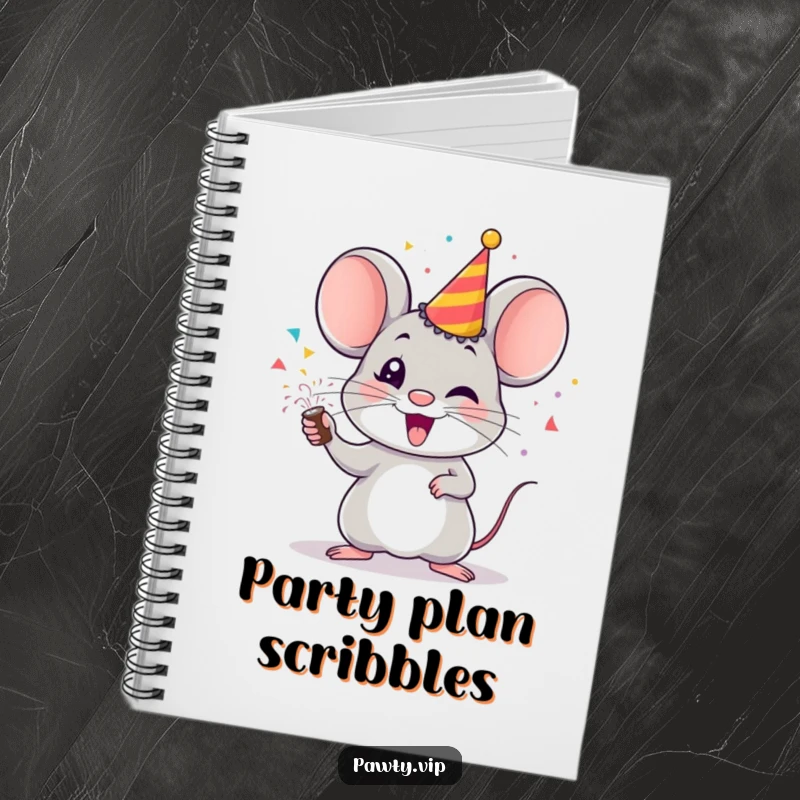 Funny mouse notebook, a journal with a cheerful mouse firing a party popper releasing confetti.