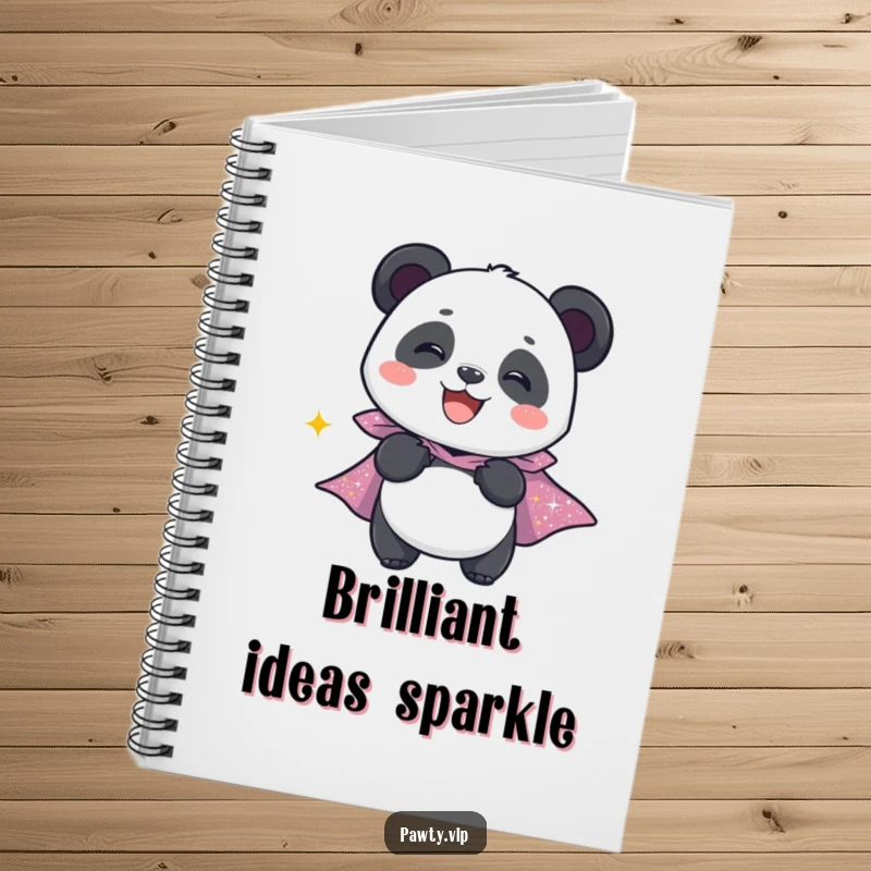 Funny notebook with a giggling panda character wearing a sparkly cape, ideal for jotting down heroic plans.