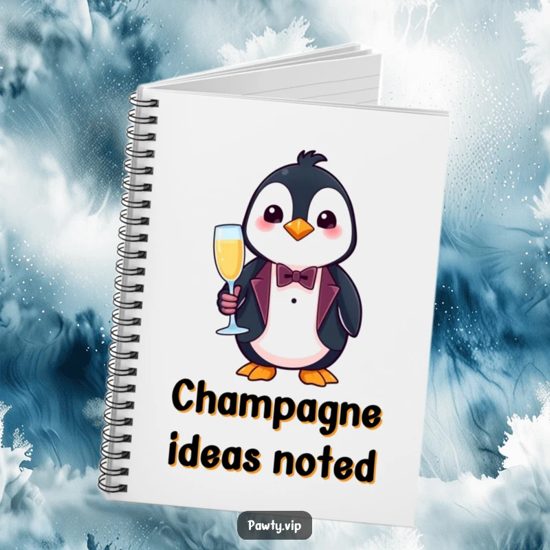 Funny penguin notebook, a journal with a penguin in a tiny tuxedo holding a champagne flute.