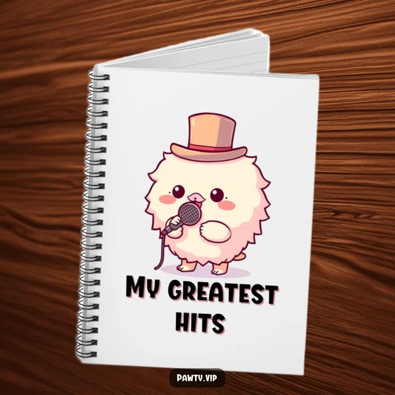 Funny notebook with a fluffy creature in a top hat holding a microphone, ready to jot down song lyrics.