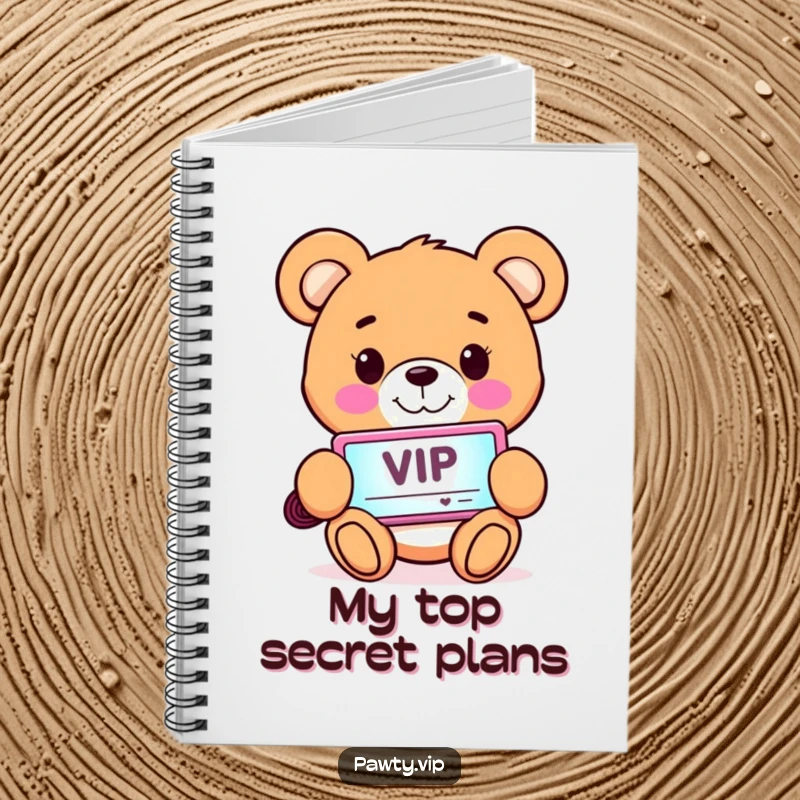 Funny Notebook with a smiling teddy bear character holding a glowing VIP pass, ready to record important notes.