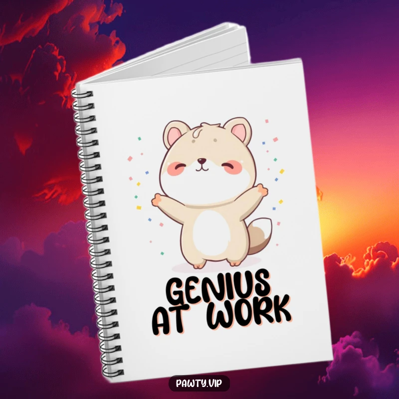 Funny animal notebook, a character in a celebratory pose with confetti, perfect for jotting down ideas with a touch of humor, a funny gift.