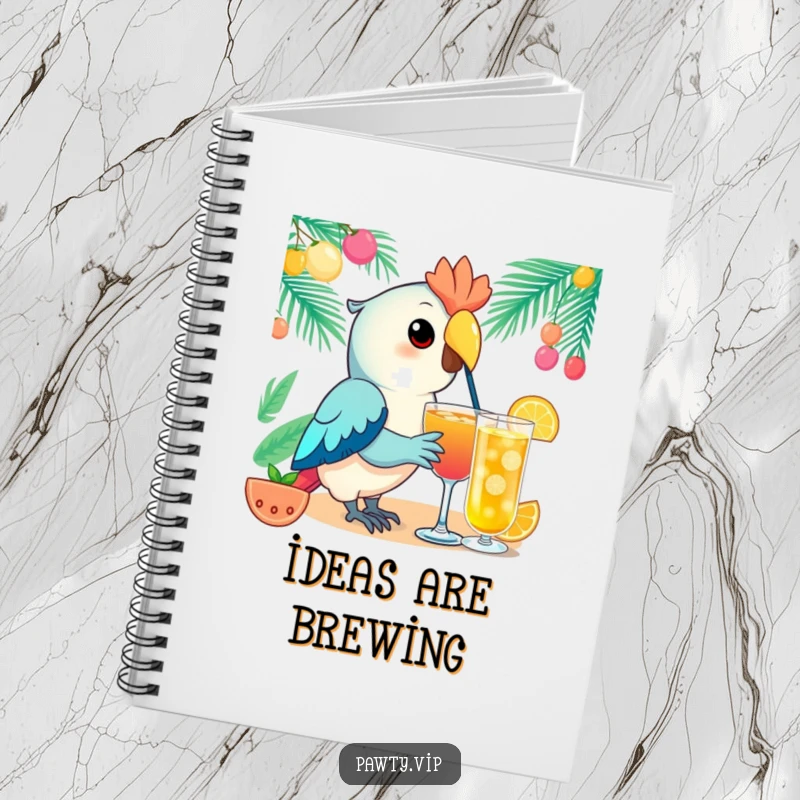 Funny Kawaii parrot notebook cover with an elegant parrot character sipping a festive drink, ideal for jotting down tropical inspirations.