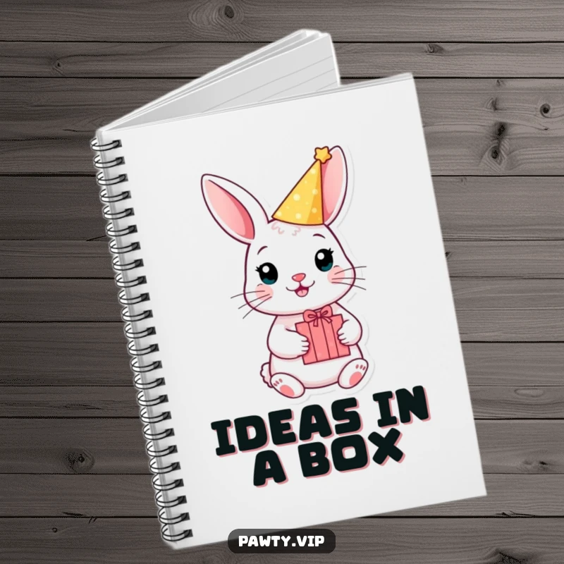 Funny rabbit party notebook with a hat and gift box, perfect for jotting down humorous plans.