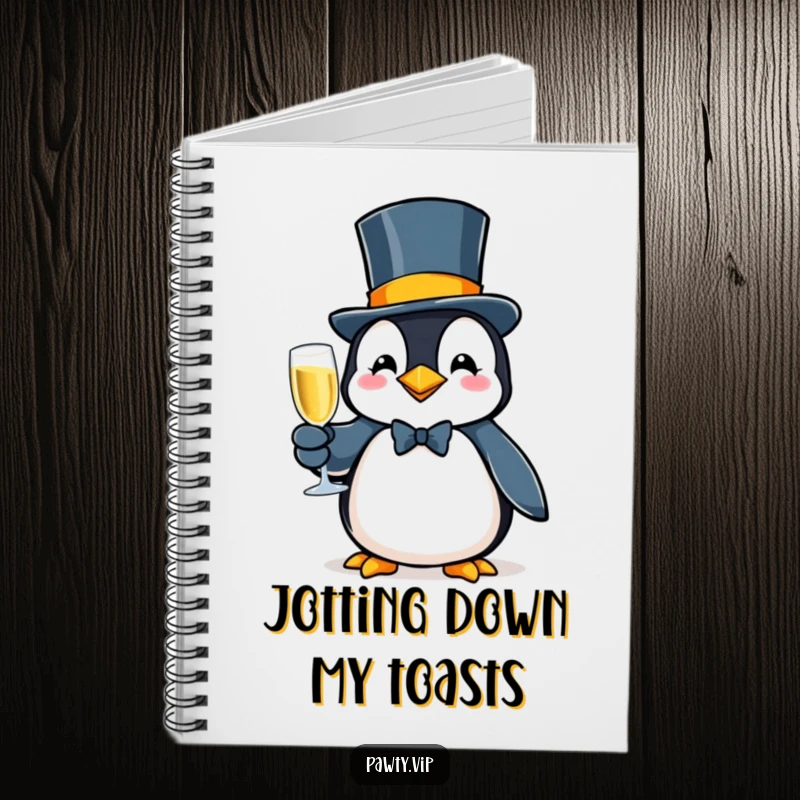 Fancy penguin character in a top hat, holding bubbly, featured on this humorous and sophisticated notebook cover.
