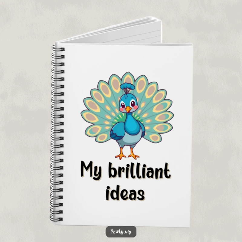 Funny peacock animal fanning its tail feathers, a stylish and funny notebook for writing.