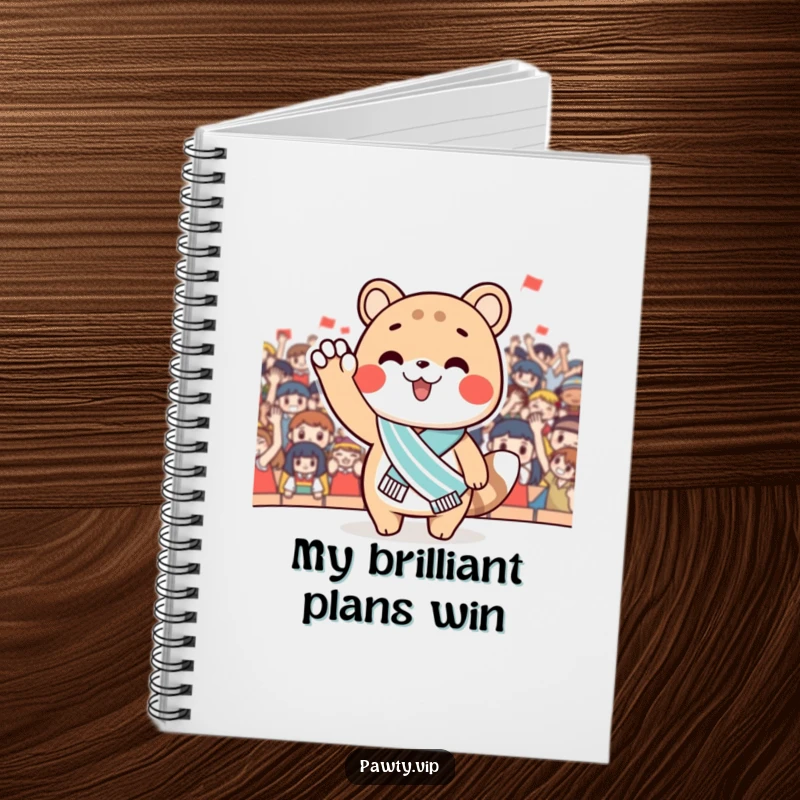 Funny Notebook with a cute animal wearing a sash, waving to a cheering crowd. Great for notes, plans, and celebrating achievements.