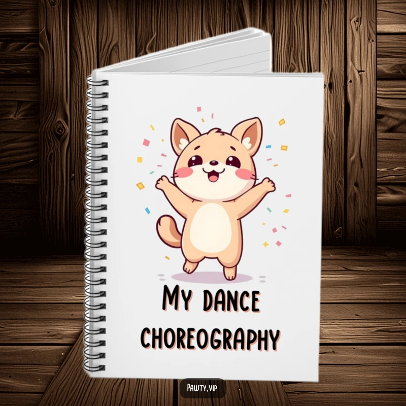 Funny kawaii animal character dancing with confetti, ready to plan a party in a funny notebook.