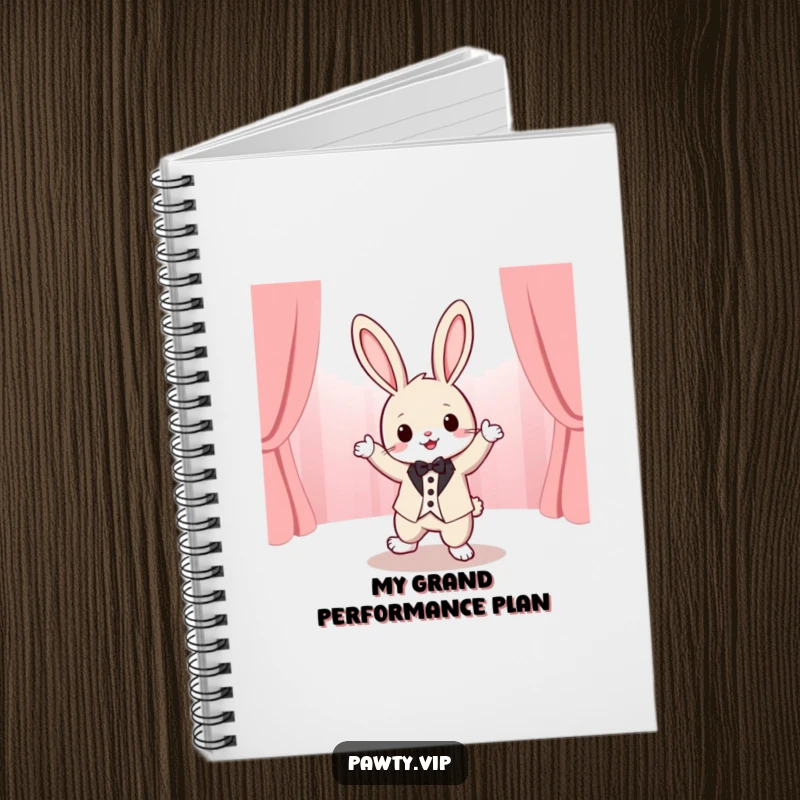 Funny tuxedo rabbit character dancing with glee on a stage, gracing a notebook cover for humorous and inspirational jotting.