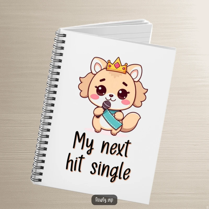 Funny kawaii animal character with crown and sash, holding a microphone, ready to write songs in a funny notebook.