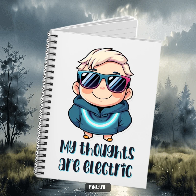 Funny notebook cover featuring a character with cool sunglasses and a vibrant neon necklace, inspiring fun and creativity.