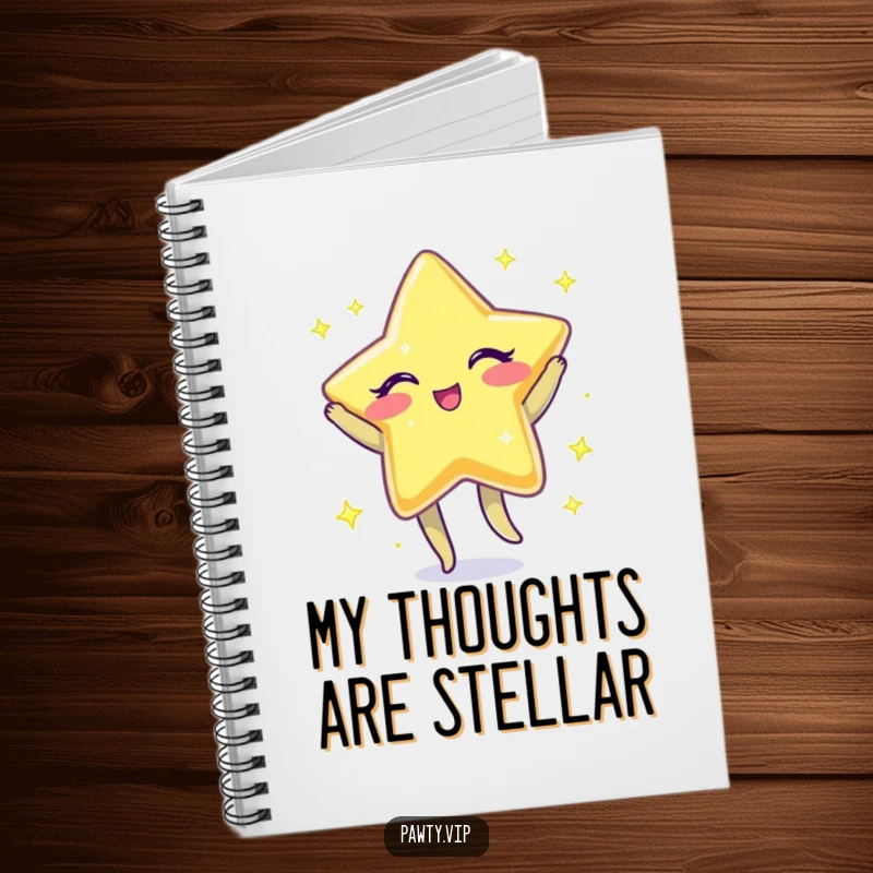Funny Notebook with a sparkly star character winking and doing a jig, inspiring creativity and joy.