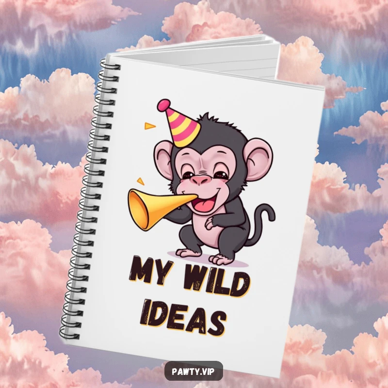 Funny Kawaii chimpanzee character blowing a party horn on a notebook, perfect for jotting down party plans.