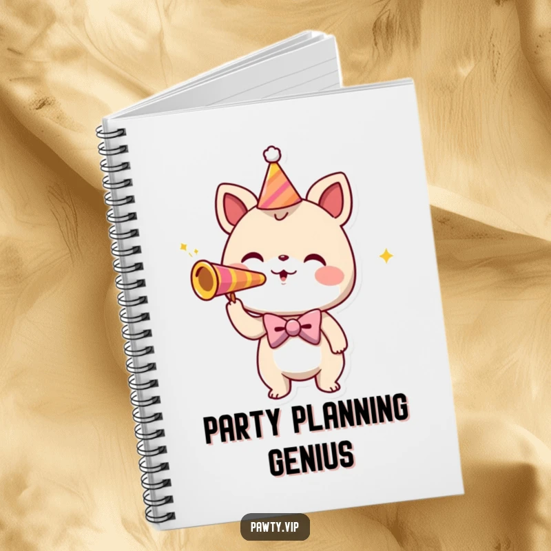Funny notebook with a playful bowtie creature blowing a party horn, ready to jot down party ideas.