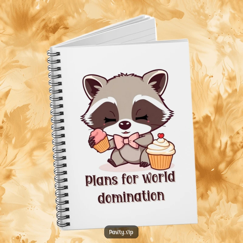 Funny notebook with a mischievous raccoon wearing a bow tie, sneaking a cupcake, perfect for capturing ideas with a humorous, sneaky flair.
