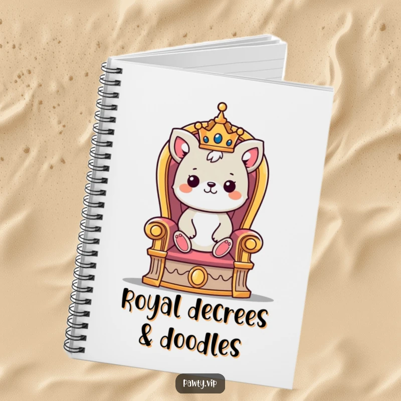 Funny notebook with a cute animal character in a tiny crown, seated majestically on a throne, ready for notes.