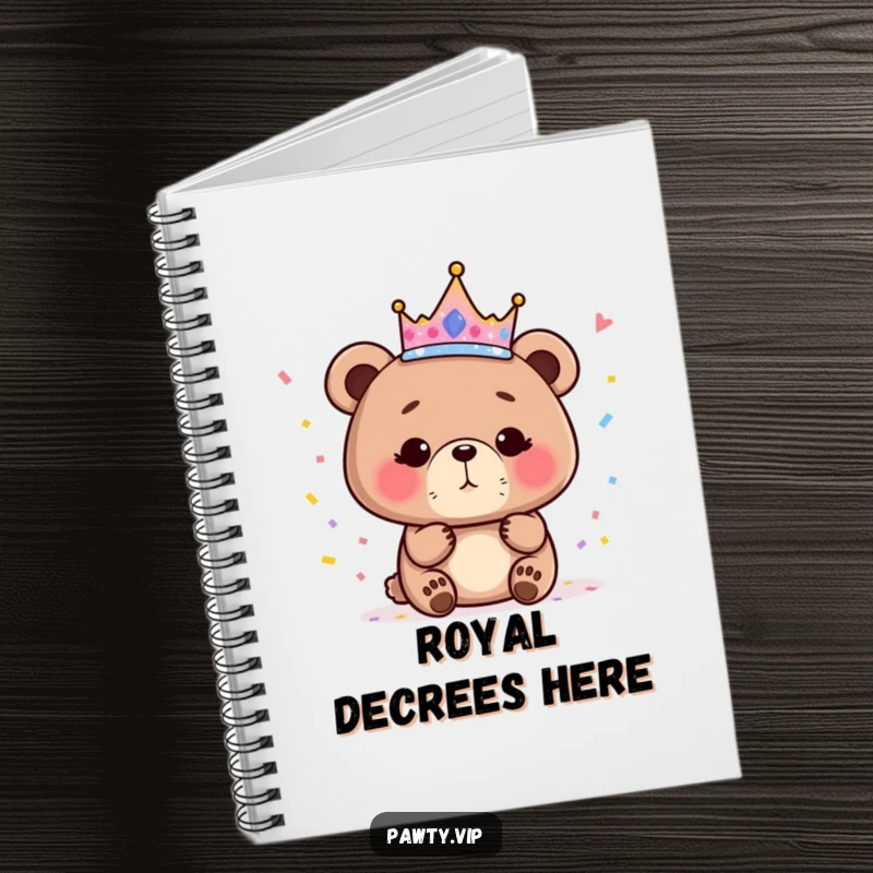 Funny bear queen notebook with a sparkly crown and confetti, perfect for jotting down regal thoughts humorously.