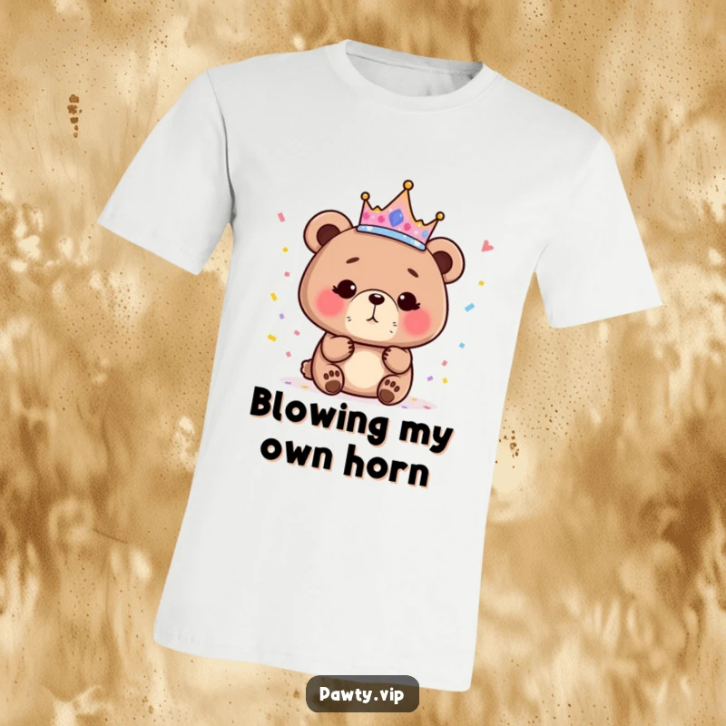Funny bear wearing a sparkly crown, blowing confetti on a t-shirt, conveying a joyful and regal humorous celebration.