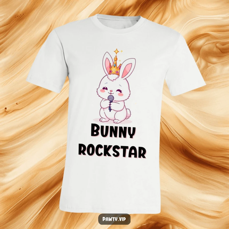 Funny fluffy bunny with a sparkly crown, holding a microphone, designed on a t-shirt, embodying a confident and musical stage presence.