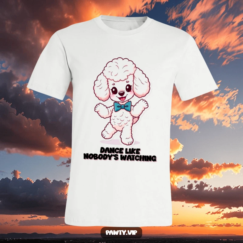Funny cute poodle wearing a fancy bow tie, dancing energetically, on a t-shirt, showcasing a lively and fashionable canine spirit.
