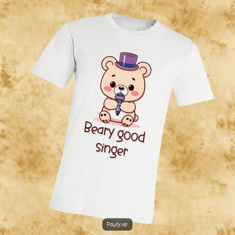 Funny Kawaii bear with a tiny top hat holding a microphone on a t-shirt, perfect for performers.