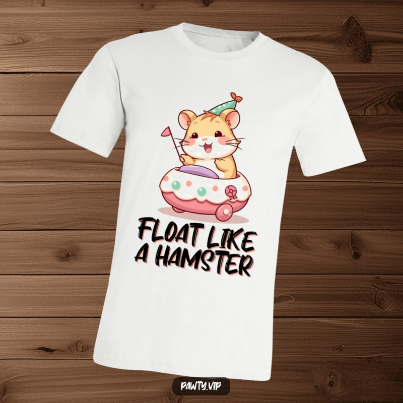 Funny hamster character riding a small, decorated party float with a cheerful expression, a fun design on this t-shirt.
