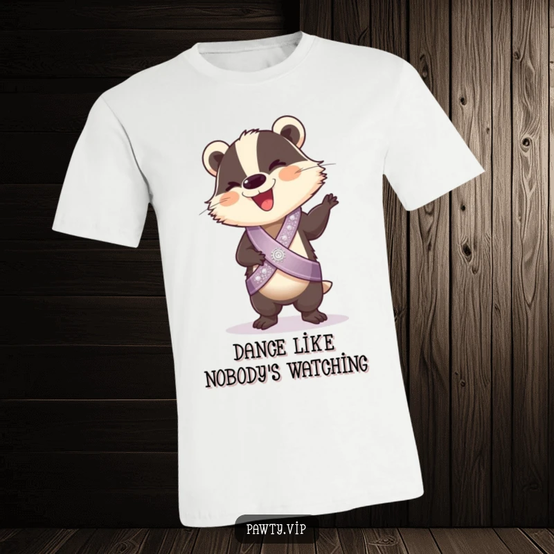 Funny T-Shirt: A giggling badger wearing a sparkly sash energetically dances, embodying pure joy and a hilarious party vibe.