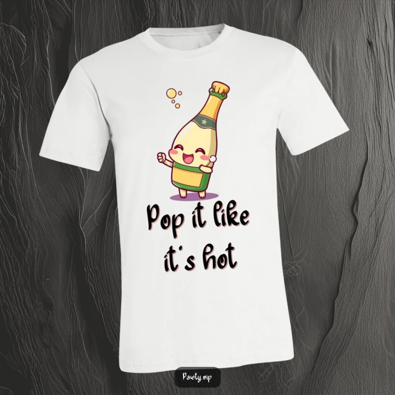Funny champagne bottle character popping its cork with a joyful expression, on a t-shirt, embodying a spontaneous and celebratory mood.