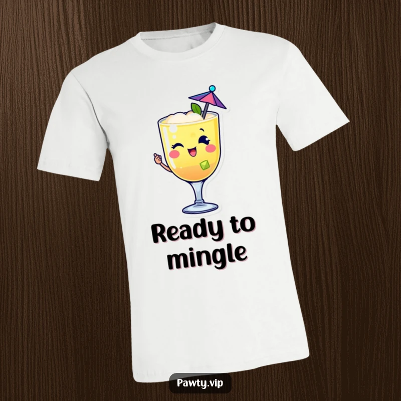 Funny happy cocktail drink character t-shirt winking with a tiny umbrella, perfect for parties and festive occasions.
