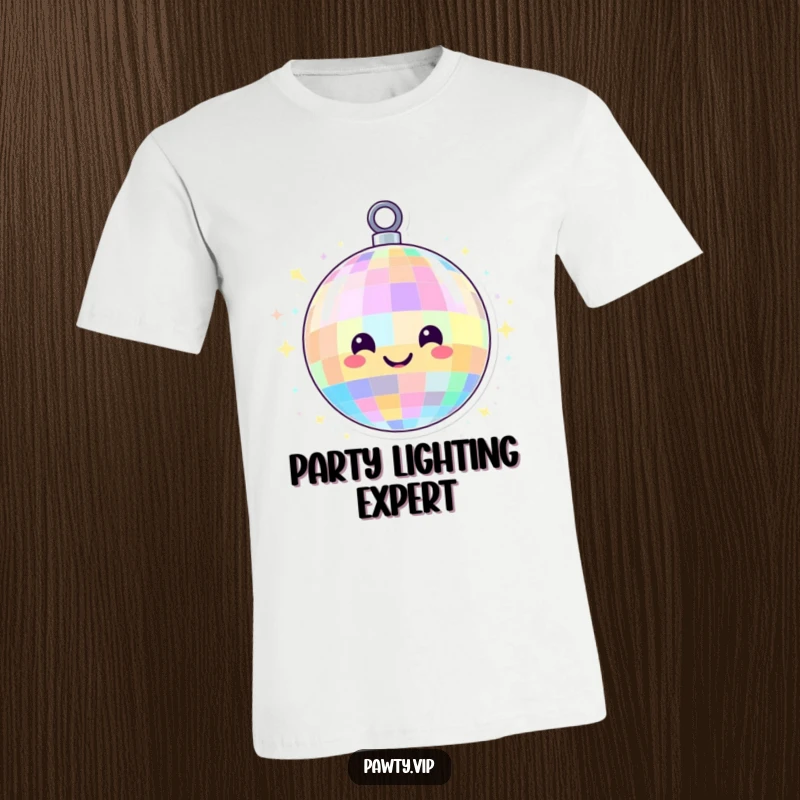 Funny smiling disco ball character spinning with colorful lights, featured on a t-shirt, embodying a vibrant and infectious dance party spirit.