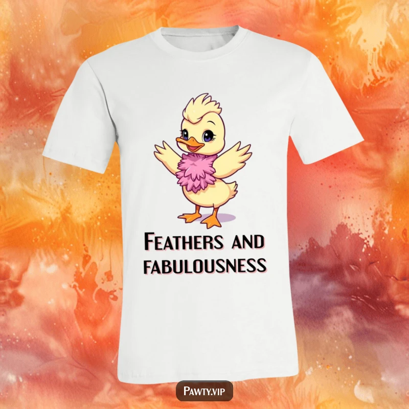 Funny duck wearing a feather boa striking a diva pose on a t-shirt, showcasing humorous confidence.