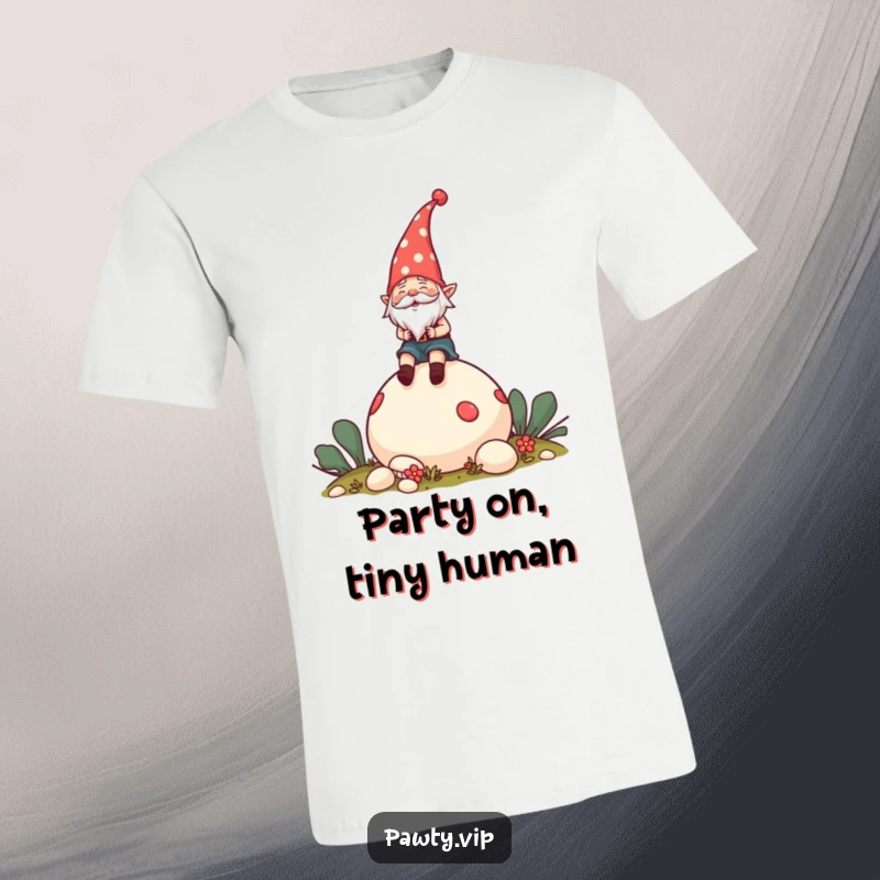 Funny T-Shirt depicting a cheerful gnome in a party hat riding a giant mushroom, radiating pure joy and fun.