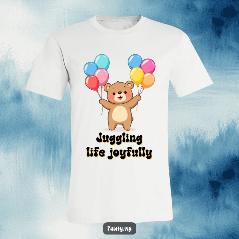 Funny bear character joyfully juggling colorful balloons on a t-shirt, symbolizing celebration and a carefree attitude.