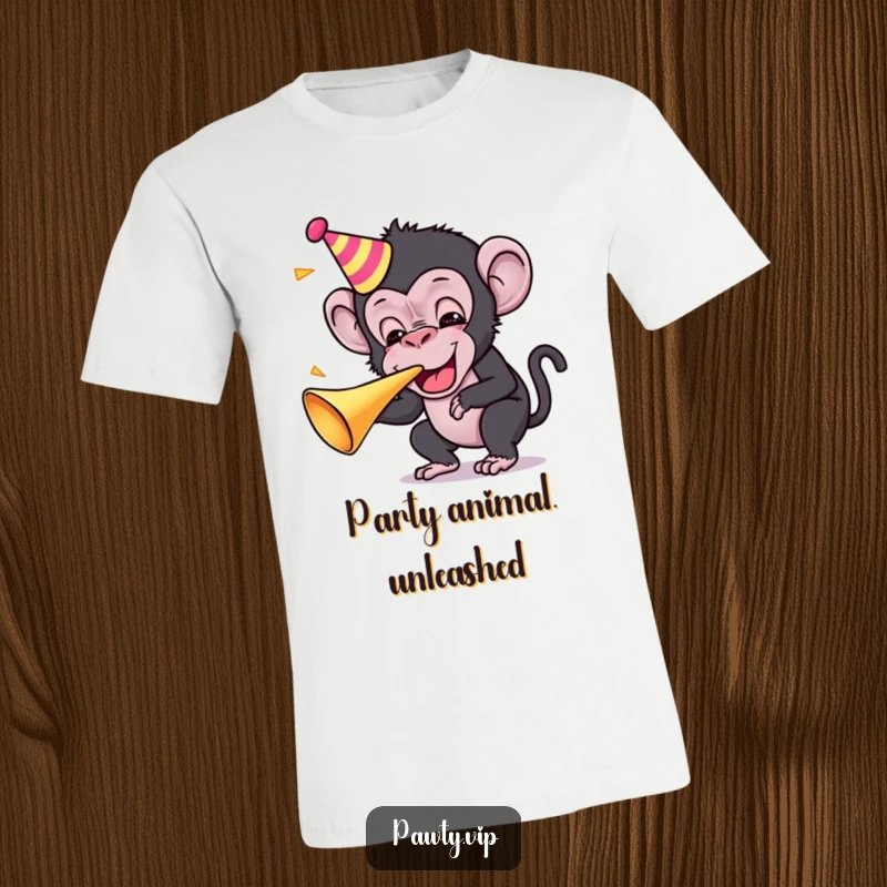 Funny Kawaii chimpanzee character exuberantly blowing a party horn, a cheerful and fun t-shirt design.