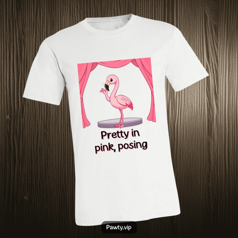 Funny Kawaii flamingo character striking a dramatic pose, adorned with spotlights on a small stage, stylish tee.