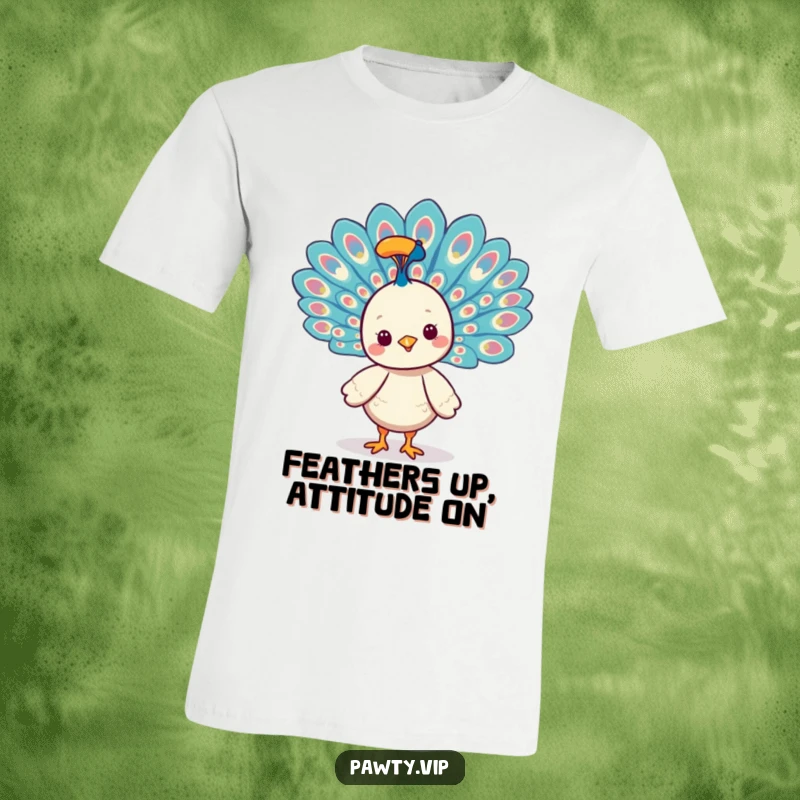Funny Kawaii peacock character smiling widely, fanning its vibrant tail feathers, a dazzling t-shirt.