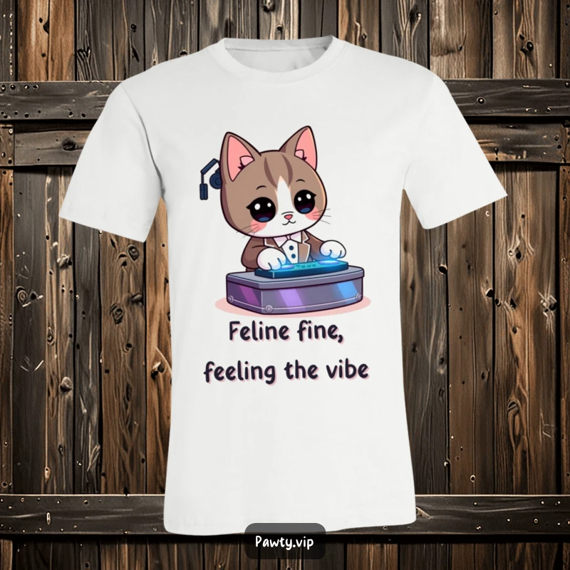 Funny Kawaii tuxedo cat character DJing excitedly, wearing headphones, surrounded by glowing lights, awesome tee.