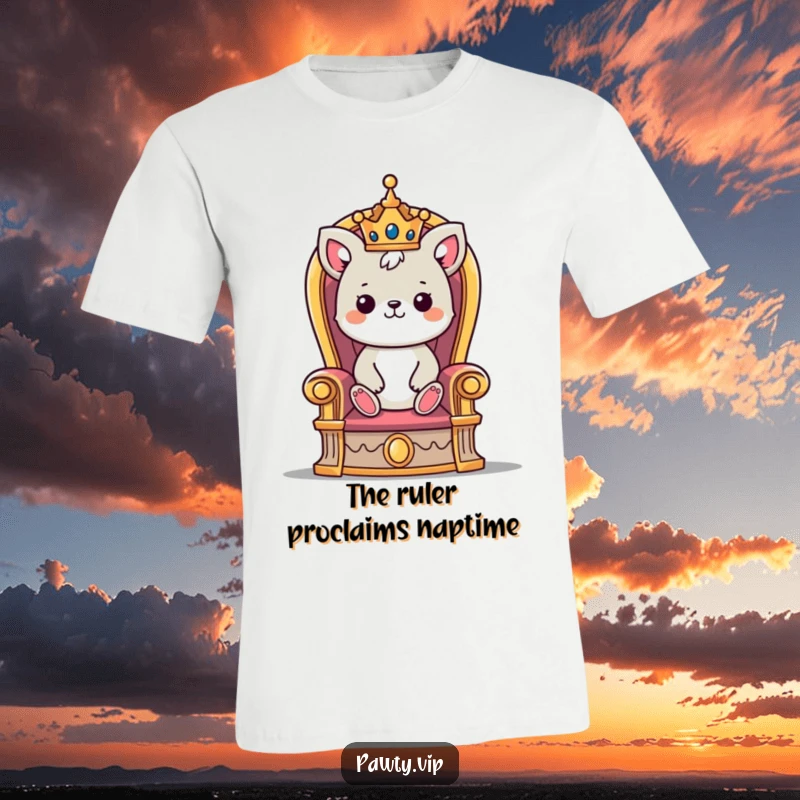 Funny t-shirt showcasing a cute animal character wearing a tiny crown, seated regally on an ornate throne.