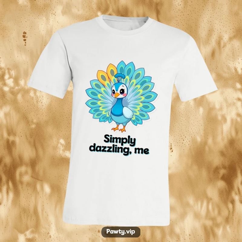 Funny peacock t-shirt, a proud peacock displaying its colorful fanned tail feathers, exuding confidence.