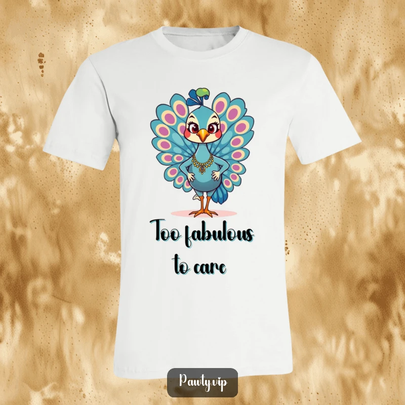 Funny T-Shirt showcasing a glamorous peacock character confidently strutting with a smile and vibrant tail feathers.