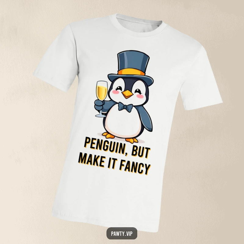 Funny penguin wearing a top hat, holding a glass of bubbly, a sophisticated and humorous design on this t-shirt.