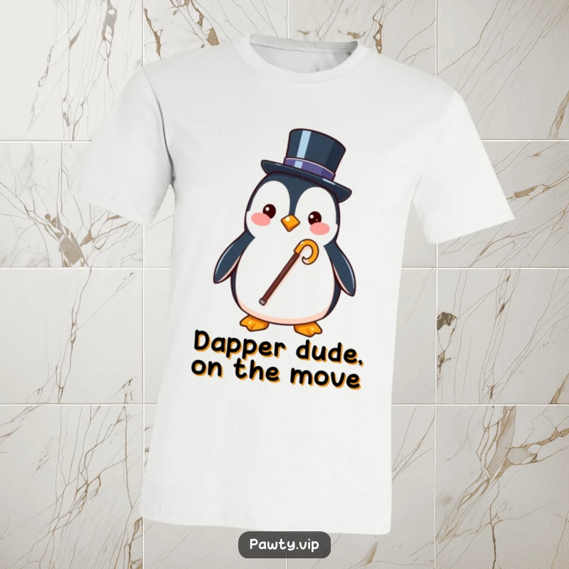 Funny t-shirt featuring a stylish penguin character holding a tiny top hat and cane, looking remarkably sophisticated.