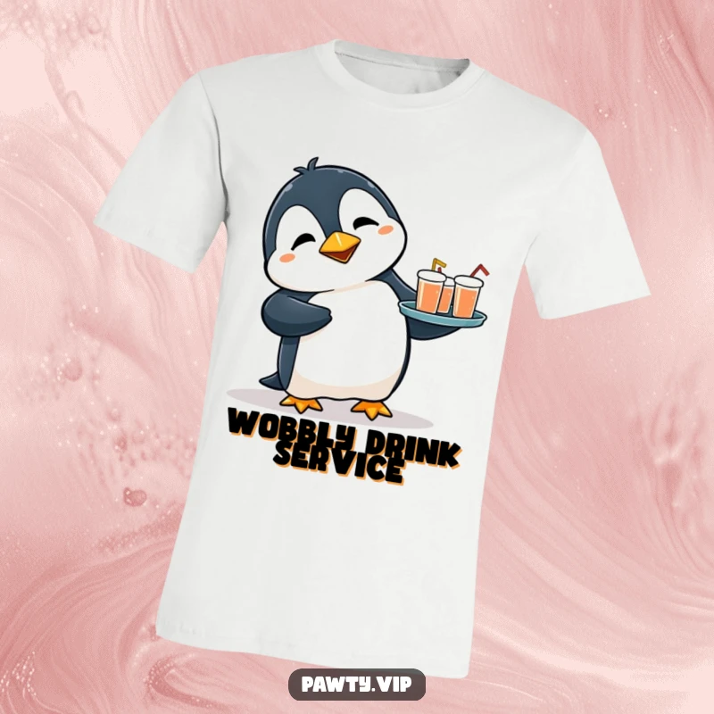 Funny t-shirt depicting a flustered penguin tripping slightly while struggling to carry a tray laden with tiny drinks, a humorous take on service.